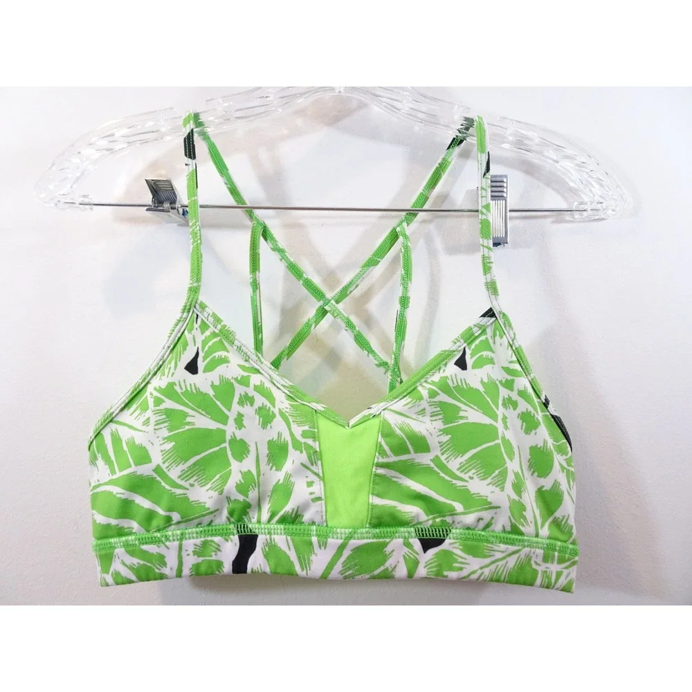 Alo Yoga Womens Strappy Criss Cross Back Tropical Palm Print Sports Bra Green S